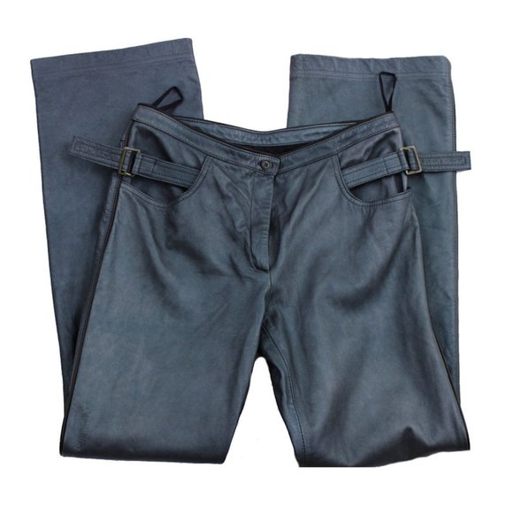 Vintage CALLAGHAN Steel Blue Leather Straight Leg Pants - Picture 5 of 12